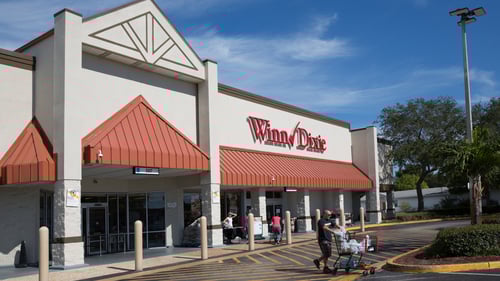 Person pushing full shopping cart in front of Winn Dixie at Tyrone Gardens shopping center