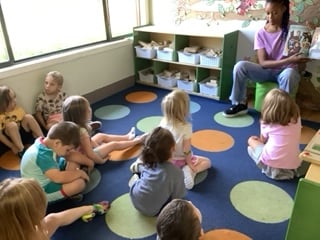 Teacher reading a story to a group of children sitting in a circle area.