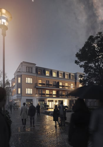 Haus am Belsenplatz in Düsseldorf-Oberkassel bei Abendstimmung mit beleuchteter Fassade.