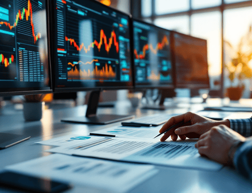 A professional trading desk setup with multiple computer monitors displaying financial charts and market data.