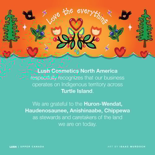 Lush Cosmetics North America respectfully recognizes our business operates on Indigenous territory across Turtle Island. We are grateful to the Huron-Wendat, Haudenosaunee, Anishinaabe, Chippewa as stewards and caretakers of the land we are on today.