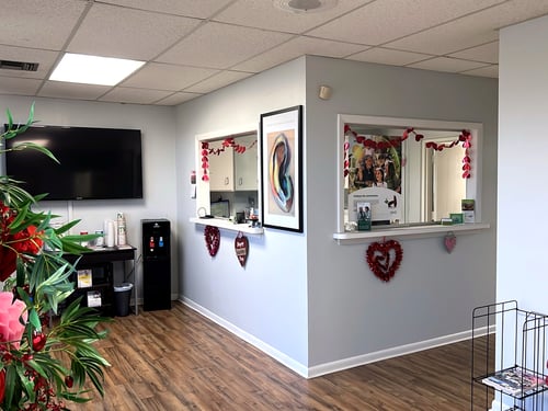 Interior photo of the lobby for AudioNova hearing clinic in Tavares, FL