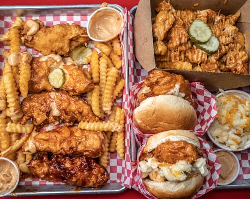 hot chicken tenders pickles house made sauce hot chicken sandwich loaded fries mac and cheese
