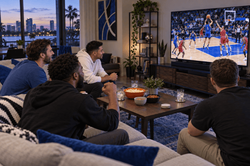 Four friends watching basketball on a large TV in an Orlando living room with blue accents and snacks on the coffee table.