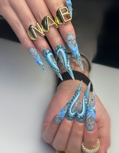 Blue Butterfly long nails with Acrylic full set or Gel X nail Salon
