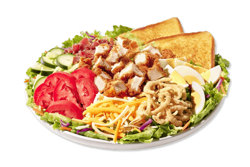 Cobb Zalad® with mixed greens with carrots and red cabbage, cheddar jack cheese, bacon, hard-boiled egg, cucumbers, tomatoes, and fried onions with fried chicken.
