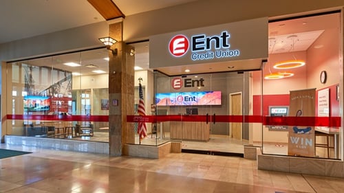 Photo of the entrance to Ent Credit Union Park Meadows Service Center located within the Park Meadows Mall in Lone Tree, Colorado