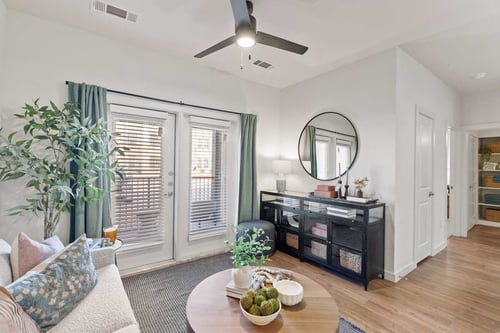 A living room with a couch, a table, a plant, and a mirror. at Hudson at Pecan Creek Apartments, Denton