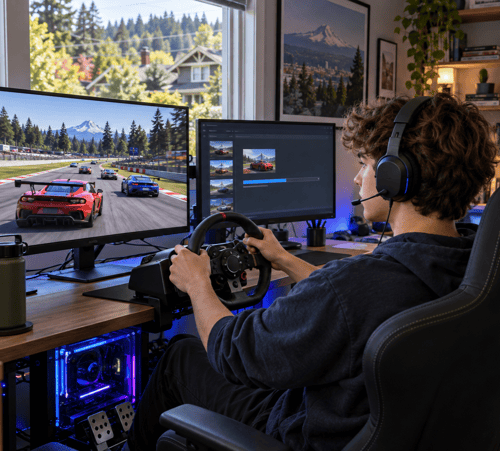 Teen boy wearing a headset plays a racing game with a steering wheel controller while another game downloads on a second monitor in his Portland home.