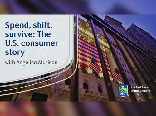 A tall building adorned with American flags under a deep blue sky, accompanied by a text overlay titled "Spend, shift, survive: The U.S. consumer story with Angelica Murison."