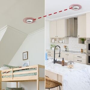 A split image of two smoke alarms going off in two different rooms, with a dotted line connecting them.