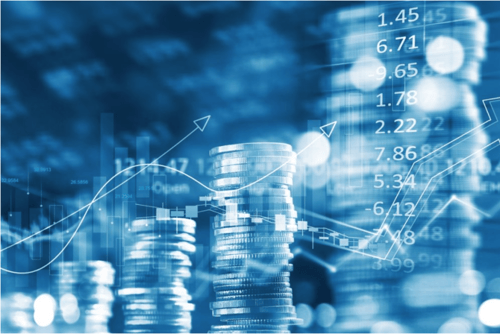 Stacks of coins with a blue overlay featuring market graphs.