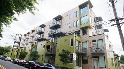 Building exterior at Quinten Tower in Portland, OR