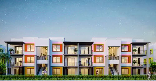 3D rendering of Gateway Luxury Apartments in Pompano Beach, FL, with modern architecture and landscaped surroundings.