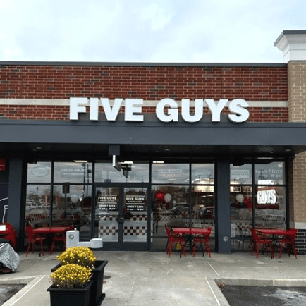 Entrance to the Five Guys restaurant at 9898 University Boulevard in Moon Township Pennsylvania.