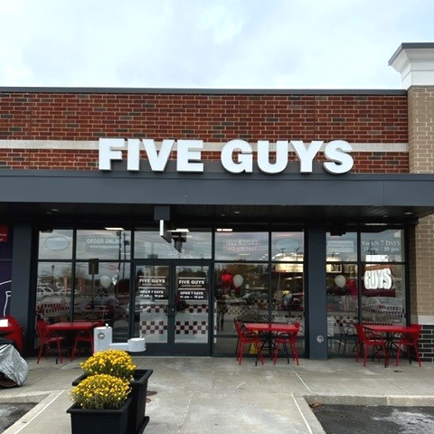 Entrance to the Five Guys restaurant at 9898 University Boulevard in Moon Township Pennsylvania.