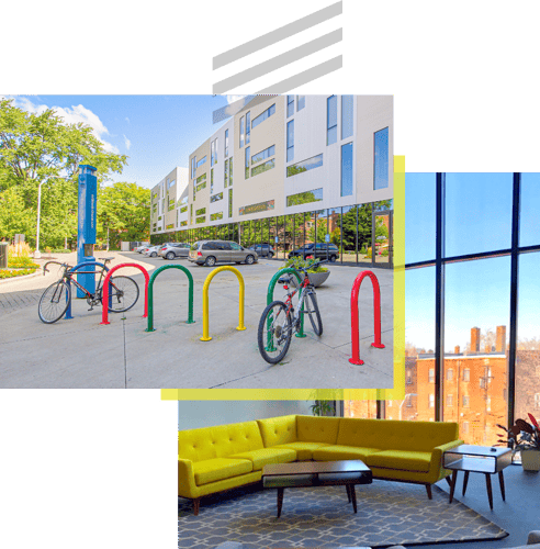 collage of an image with multi color bike racks and bikes attached to them outside an apartment complex and an image of a yellow couch with a rug and coffee table with a Cleveland skyline view through a window