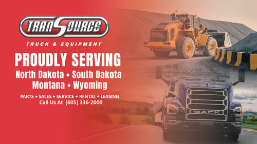 Cover Photo for TranSource Truck & Equipment features a red background alongside images of a heavy-duty Volvo wheel loader and a Mack semi-truck