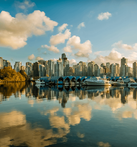 The Vancouver skyline and harbour at sunset.