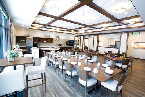 Residents gather in the dining room for three daily meals. Breakfast is flexible with made-to-order menu options like omelets. Lunch includes soup, salad, and a daily special.