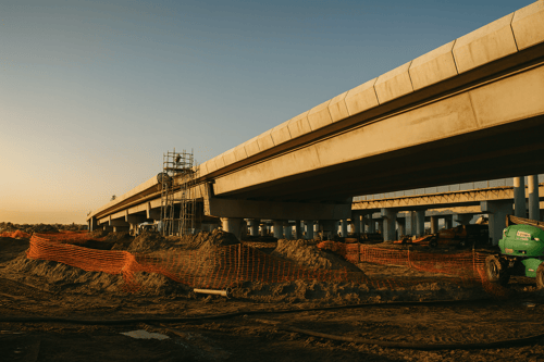 A concrete highway bridge under construction at sunset, with scaffolding and orange safety netting. Machinery and dirt piles are visible, conveying progress.