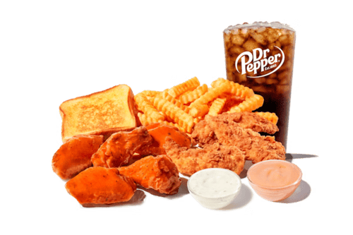 Zaxbys wings, chicken fingers, crinkle fries, toast, and a drink served with ranch, and Zax sauce.