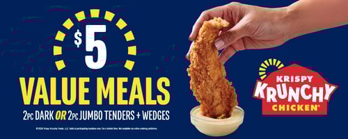 Promotional image of Krispy Krunchy Chicken $5 value meal featuring crispy fried chicken tender dipped in sauce with text reading “$5 Value Meals.”