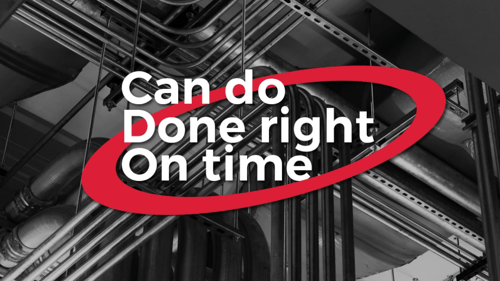 Red circle with phrase "Can do Done right On time" inside it