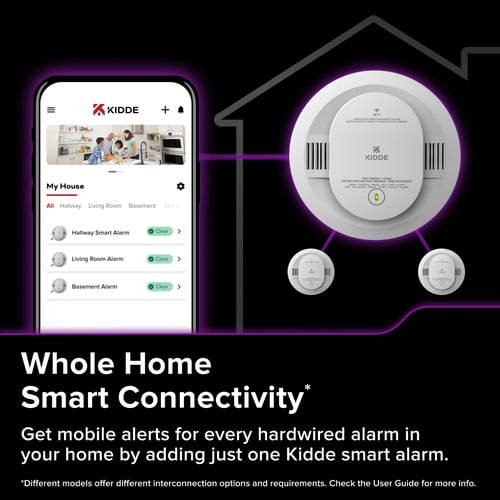 An image of a phone showing the Kidde app and a purple line connecting it to a smoke alarm. The text below reads "Whole Home Smart Connectivity* 
Get mobile alerts for every hardwired alarm in your home by adding just one Kidde smart alarm."