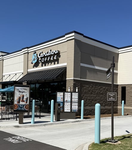 Storefront of the Caribou Coffee at 569 Roe Center Court in Travelers Rest