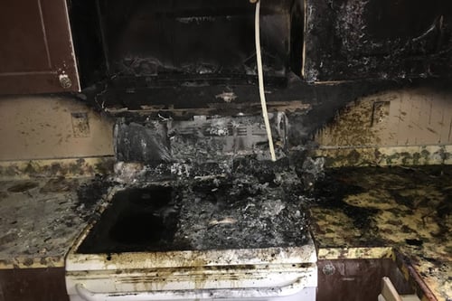 A fire occuried in this kitchen in a Conway home resulting in smoke damage, fire damaged appliances, cabinets, and countertops.