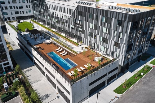 Aerial view of the building at Steelcote Square in St Louis, MO 63103