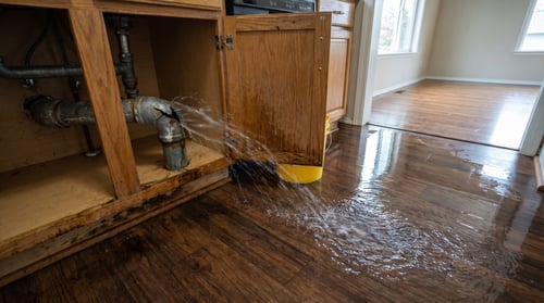 Burst galvanized pipe under kitchen sink flooding hardwood floors in a Puyallup WA home