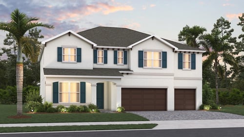 two-story home with white exterior and dual garage