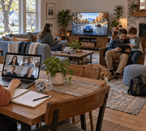 Mother on a laptop video call while a teenager plays a racing game and a father and son share a tablet in the living room.