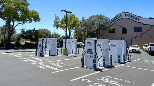 Several EVgo fast charging units installed in marked parking spaces at a public charging station, with EVgo logos on the chargers, protective bollards around each unit.