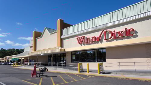 Person in dress pushing a shopping cart in front of Winn Dixie