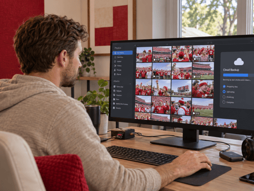 Content creator backing up football photos and videos to cloud storage in a home studio with scarlet-and-cream décor.