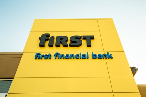 First Financial Bank logo on banking center signage