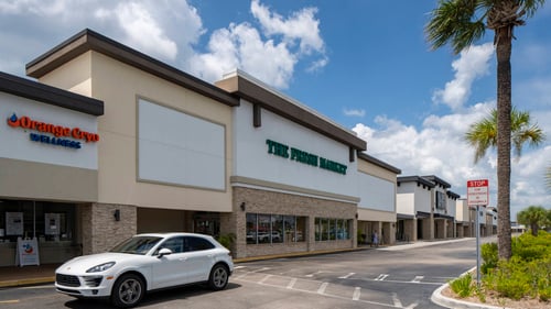 White car driving past entrance fo The Fresh Market at Park Shore Plaza shopping center