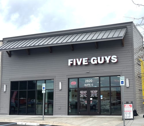 Exterior photograph of the Five Guys restaurant at 2820 North Main Street in Summerville, South Carolina.