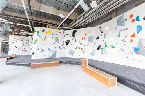 The bouldering walls at Central Rock Gym Fenway.