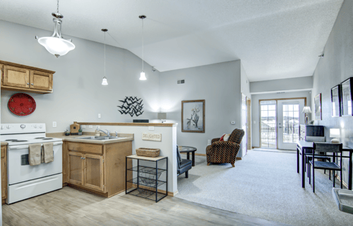 Open-concept senior living apartment featuring a kitchen, living area, and bright patio doors.