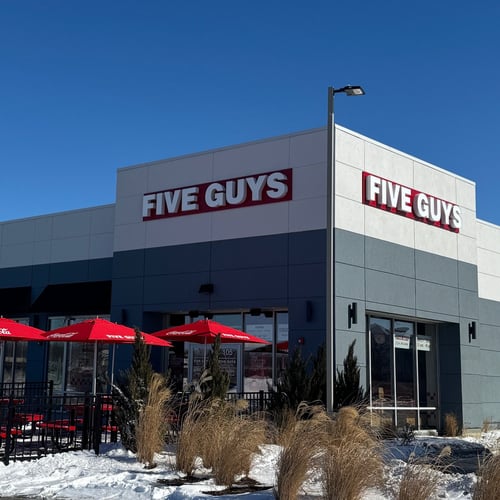 Exterior photograph of the Five Guys restaurant at 4055 Northpoint Boulevard in Waukegan Illinois.