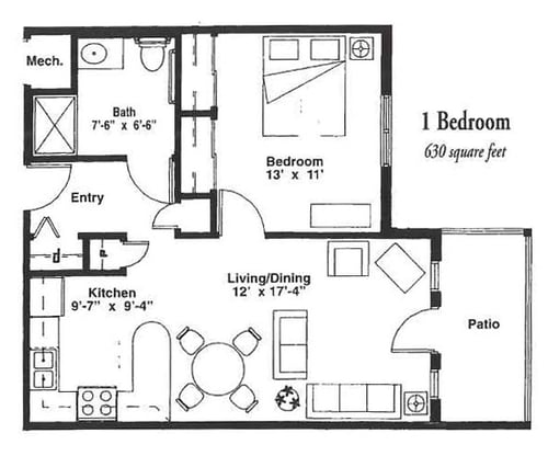 630 square feet one bedroom independent living apartment