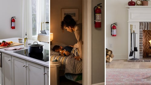 collection of images - a cooking pot on the over, mom putting child to bed, fireplace scene with a fire extinguisher