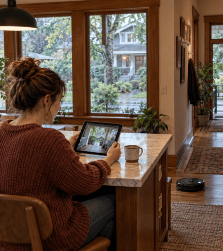 Couple uses smart-home devices in a Portland home, checking a porch camera on a tablet and adjusting a thermostat while a robot vacuum cleans nearby.