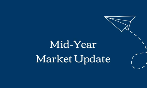 Paper airplane icon with dashed flight path on deep blue background, with "Mid-Year Market Update" text in white
