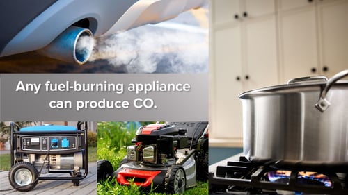 A graphic that shows sources of CO, including a stove, a car, a lawn mower, and a generator.