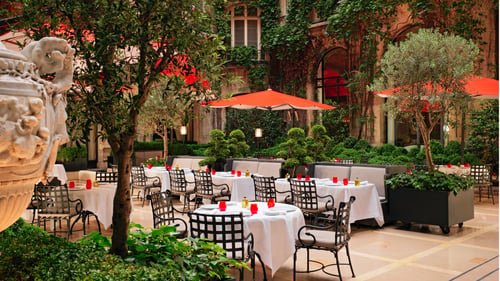 Terrace of La Cour Jardin with drawn up tables, iconic red parasols, green vine and trees seen from the side, at Hotel Plaza Athénée, Paris.
Terrasse de La Cour Jardin avec ses tables aux draps blancs et ses parasols rouges à l'Hôtel Plaza Athénée.